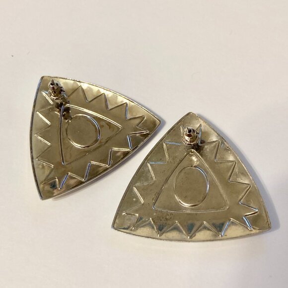 Vintage Southwestern Enamel Earrings Aqua Silver Tone Post Boho Western Triangle - Picture 4 of 11